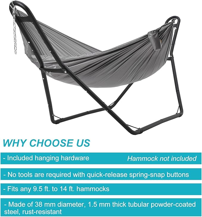 Hammock Stand Steel Hammock Frame Heavy Duty 550 LBS Capacity 2Person Fits Hammocks 9 to 14 Ft Portable Hammock Rack Adjustable Universal for Indoor Outdoor Backyard Camping Use