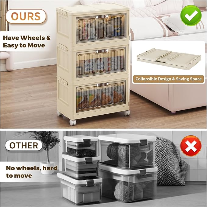 3 Tier - 48QT Storage Bins with Lids Collapsible Storage Bins with Doors and Wheels Plastic Storage Cabinet for Easy Storage and Organization for Living Room Office