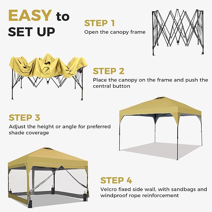 GDY 12x12 FT Pop Up Canopy Tent with One Push SetupSetup Gazebo with 4 PVC Transparent SidewallsEasy Carry for Events Parties Camping Khaki