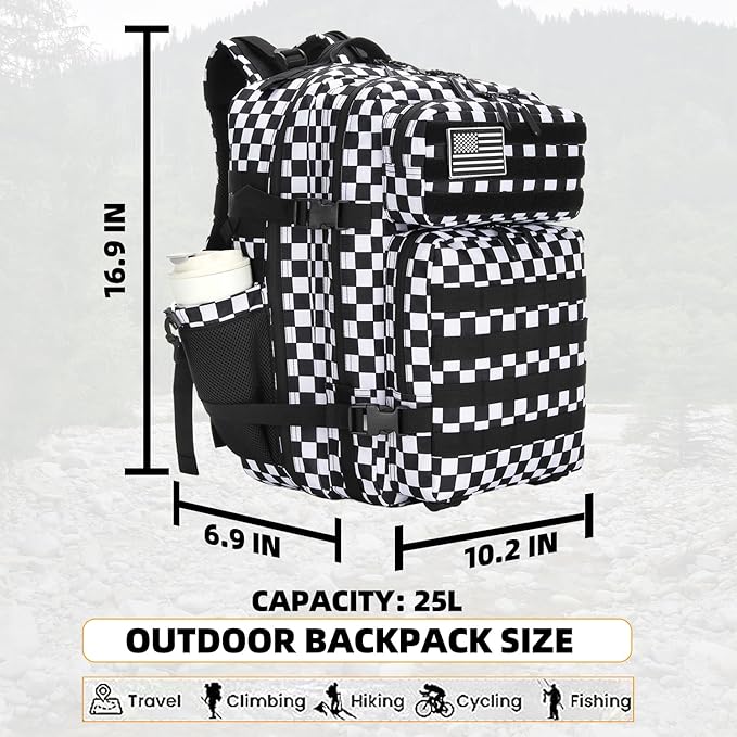 Lovelinks21 25L Tactical Military Backpack Small Travel Rucksack for Men and Women Assault Pack Bug Out Bag Molle Daypack Gym Backpack with Bottle Holder (Black White Checkered)