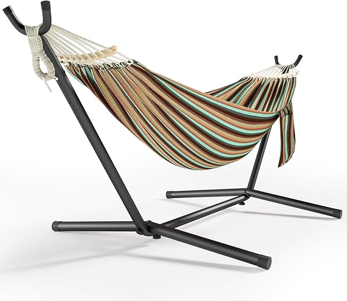 600lbs Hammock with Stand for Outside 2 Person Portable Hammock with Side Storage Carrying Bag Expend Wooden Bar for Outdoor or Indoor (Dark Rainbow)