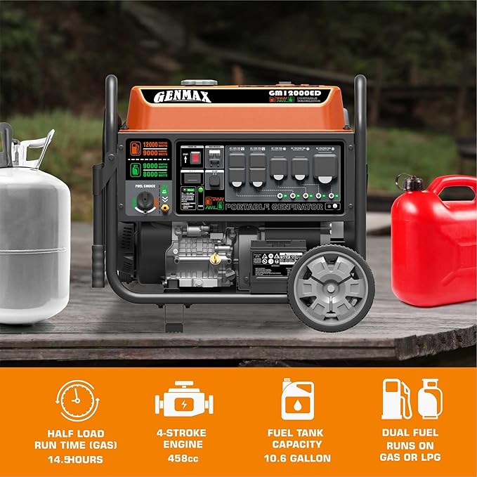 GENMAX Dual Fuel Portable GeneratorGM12000ED Gas or Propane Powered Electric Start-Home Back Up EPA Compliant
