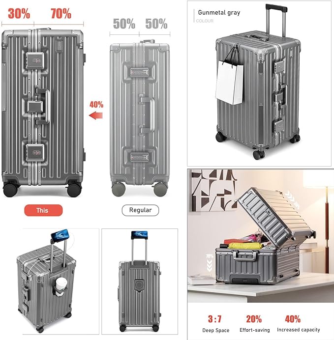 LEOVEN Hardside Luggage LS-0683 PC Hard Shell Suitcase with Cup Holder USB Type-C 3:7 Ratio Large Capacity Aluminium Frame TSA Customs Lock 360° Double Wheels with Brake and Shock Absorber