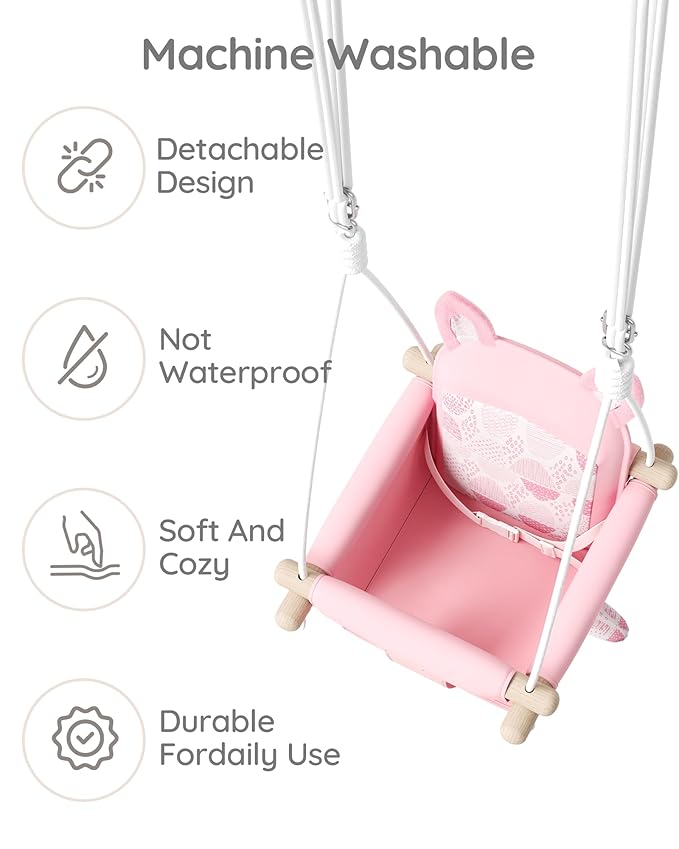 Wooden Baby Swing with Safety Belt - Adjustable Infant &amp Toddler Swings for Indoor/Outdoor Use Includes Mounting Hardware (Fox Design Pink)