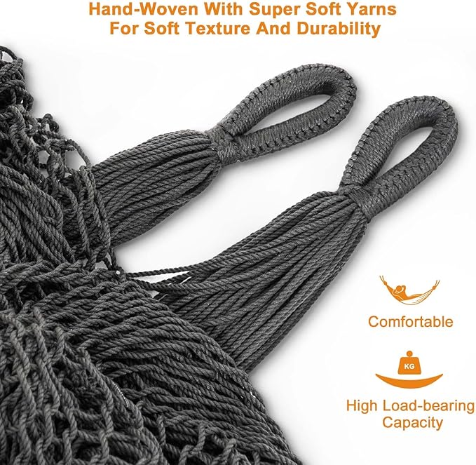 Lazy Daze Hammocks Handwoven Mayan Hammock 10.5 FT Soft Rope Double Hammocks Portable Outdoor Hammock with Carry Bag 2 Straps &amp Carabiners for Patio Outside 550 lbs Weight Capacity Gray