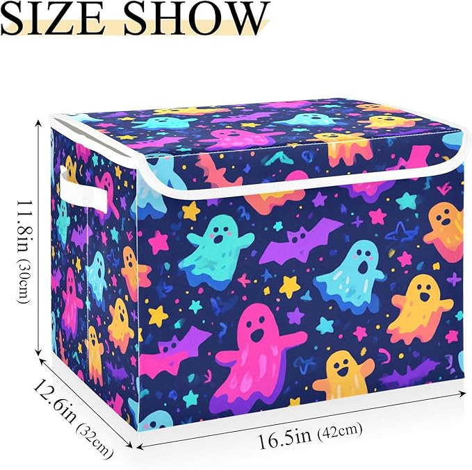 Storage Bins with Lids Storage Containers Box Organizer Bin Basket with Handles for Closet Shelves Clothes Stackable Foldable Decorative Neon Halloween Ghosts Stars Bats