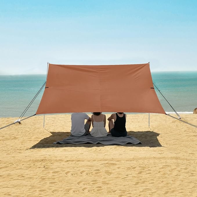 Terracotta Solid Color Pure Plain Beach Tent UPF50 Waterproof Portable Sun Shelter Includes Sand Shovel Sandbags Stability Poles for Camping Picnics Backyard &amp Fishing