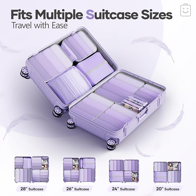 Veken 11 Set Compression Packing Cubes for Travel EssentialsCompressible Expandable Large Luggage Suitcase Organizer Bags for ClothingDurable Space Saver Storage Bags(Light Purple)