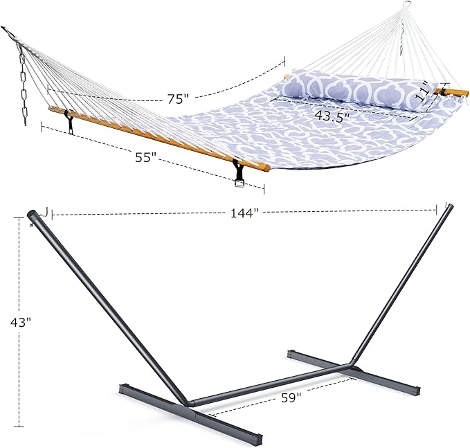 ANAGOO Double Hammock with Stand Heavy Duty Outdoor Hammock for Two 500 LBS Capacity Stable Steel Frame with Balance Strap Easy Tool-Free Assembly for Patio Garden Backyard &amp BeachWhite Gre