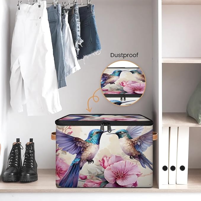 Storage Bins with Lids Flower Hummingbird Storage Basket Clothes Organizer with Handles Closet Storage Containers for Clothing Bedding Blanket