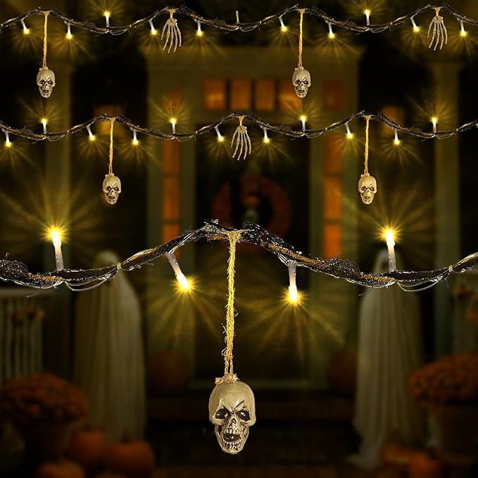 Halloween Indoor Outdoor 6FT Lights Decor 26LED Hanging Skeleton Bone Hand String Lights Battery Operated Spooky Halloween Wreath Door Patio Party Decoration