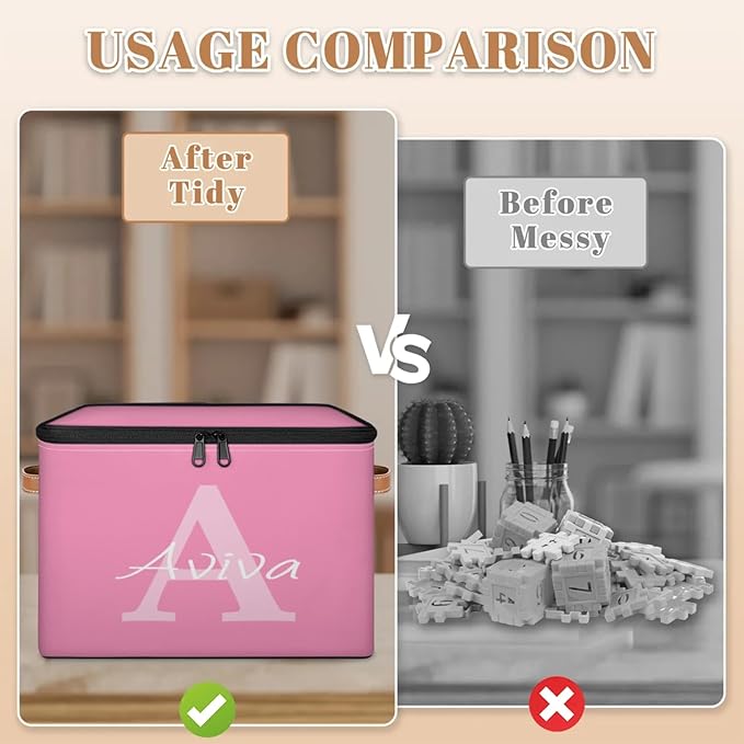 Customized Storage Basket with Initial Name Personalized Keepsake Box with Zipper Lid Foldable Fabric Memory Bin Large capacity with Handle Pink