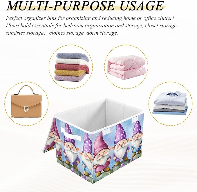 Cartoon Gnomes Storage Cube Bins Basket with Lid Collapsible Flip-top Fabric with Handle for Home Bedroom Closet Office 16.5×12.6×11.8 in