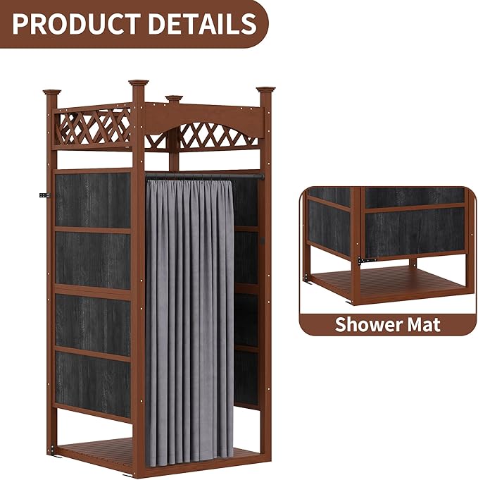 Outdoor Shower Enclosure with Shower Mat &amp Curtain Solid Wood Privacy Outside Shower Stall Outdoor Changing Room for Pool Wash Station Patio or Beach Rinse Station