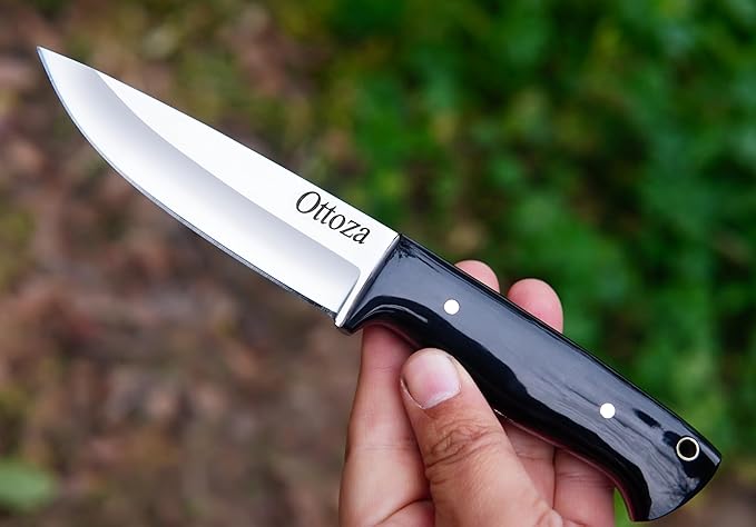 Ottoza Full Tang Bushcraft Knife with 1095 Carbon Steel Fixed Blade - Survival and Outdoor Camping Knife - Black Cross Draw Sheath and Cow Horn Handle 426