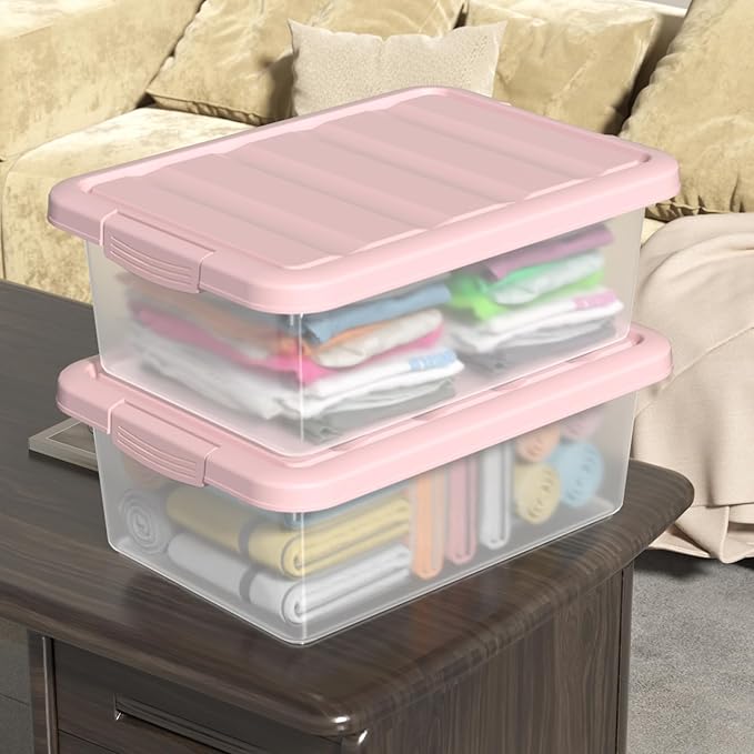 14-Quart Storage Container Bin with Pink Secure Lid and Latch Buckles Durable Plastic Stackable Nestable Organizin 2-Pack