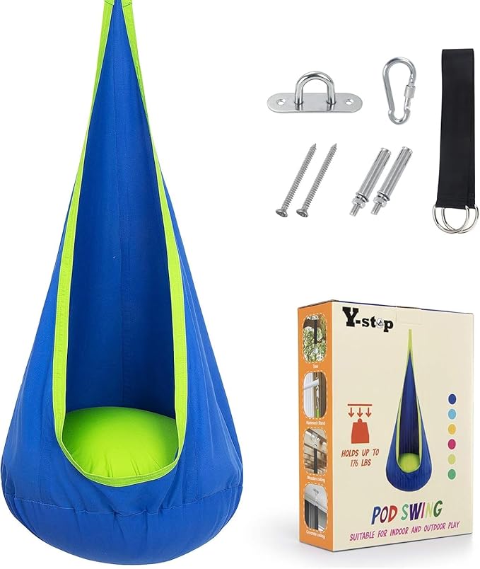 Y- STOP Kids Pod Swing Seat Hanging Hammock Chair Swing with Inflatable Pillow Sensory Swing Chair with Pocket for Outdoor and Indoor (Blue)