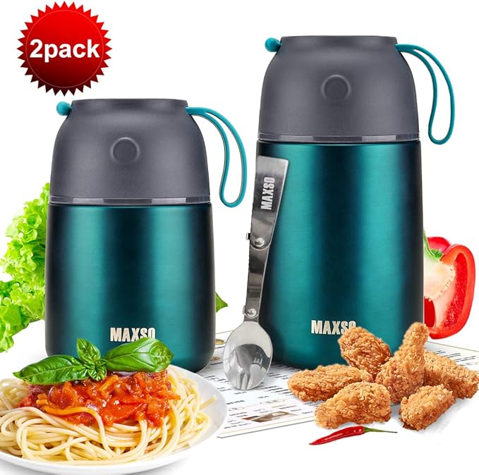 MAXSO 2 Pack Soup Thermo for Hot &amp Cold Food for Kids Adults Vacuum Insulated Food Jar Thermal Lunch Containers Travel Food Flask with Spoon (24 oz17 oz) (Matte Green)