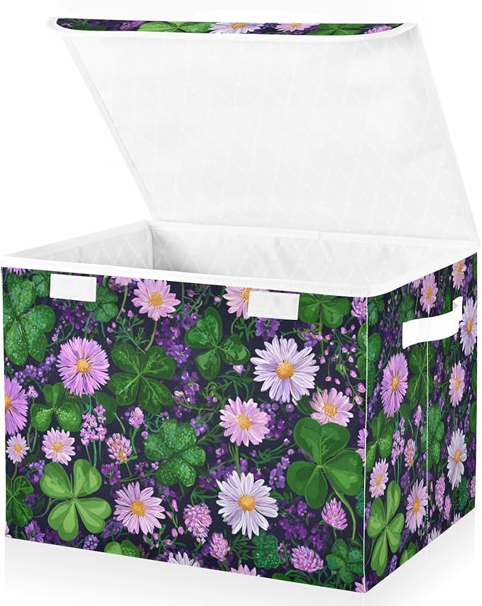 St. Patrick's Day Green Clovers Purple Storage Box with Lid 1 PC Foldable Storage Bin with Lids Stackable Storage Bins Cube Closet Organizer Basket with Flip-Top Lid &amp Handles for Shoes Book