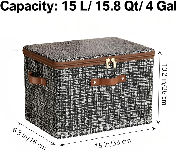 3 Pack 15.8 Quart Fabric Storage Bins with Lid 15x10.2x6.3 in Stackable Closet Organizer Baskets Foldable Polyester Cube Storage with Handles Decorative Organizer Boxes for Shelves Grey