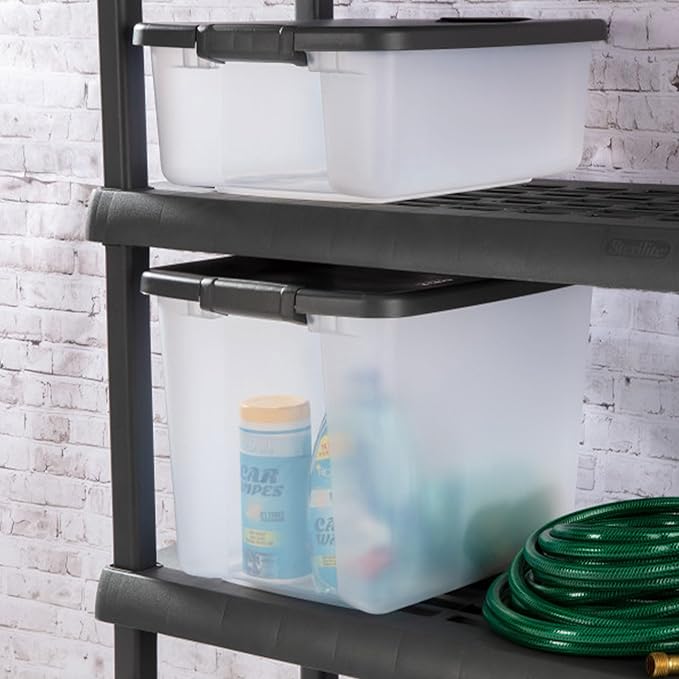 Sterilite 12-Pack 50 Quart ShelfTote Clear Plastic Storage Organizer Bins with Gray Lids – Stackable Home and Office Containers for Closet or Shelves