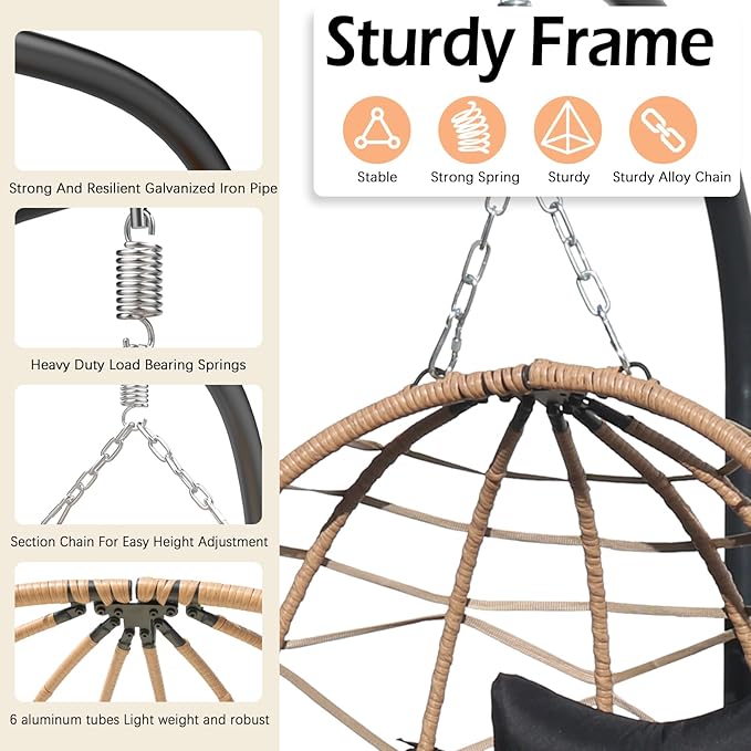 Hanging Egg Chair Swing with Stand Patio Wicker Hanging Chair Webbing &amp PE Rattan Weaving Thickened UV Resistant Cushion &amp Alloy Steel Frame 380lbs Capacity for Patio Bedroom Balcony (YH)
