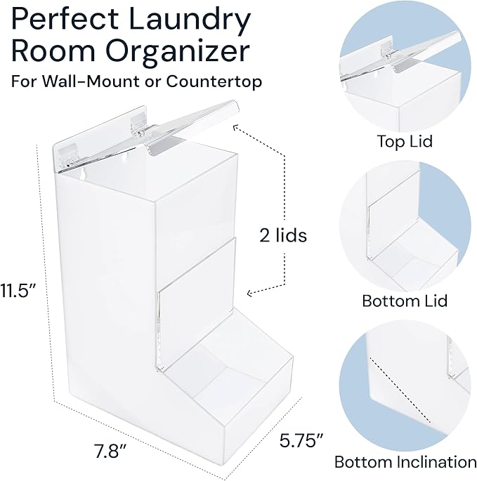 SimplyImagine Acrylic Laundry &amp Dishwasher Pod Dispenser - Large White Acrylic 2 Lids - Wall-Mount Or Countertop Gravity Feeder - Laundry Room Organization &amp Storage for Laundry Pods