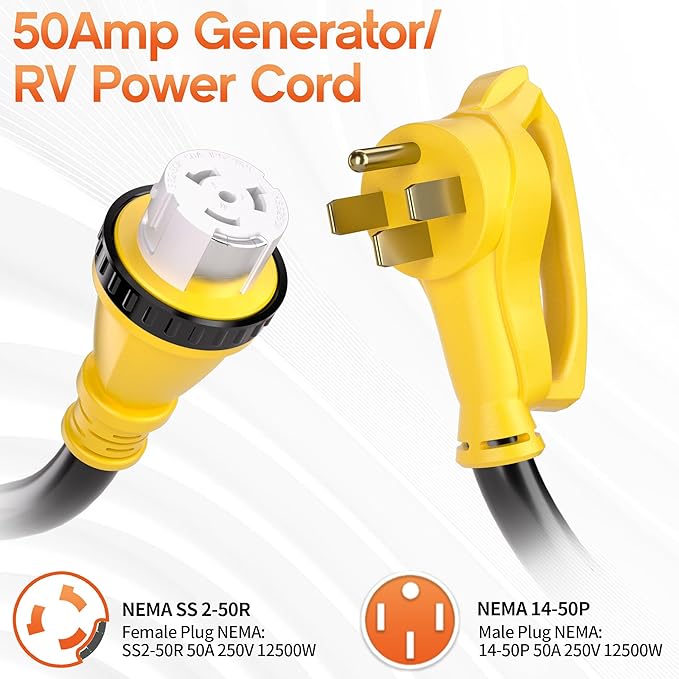 50FT 50 Amp Generator Cord NEMA 14-50P/SS2-50R Heavy-Duty 4 Conductors Cable Pure Copper STW RV Extension Cord Female Plug with Twist Lock Suitable for RV or Camper ETL Listed