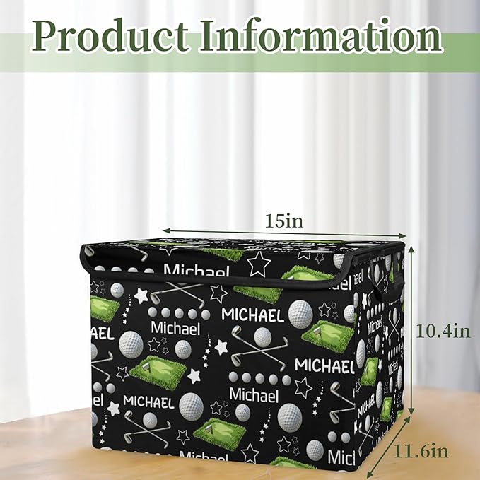Golf Ball Custom Storage Bins with Lid Foldable Fabric Personalized Storage Basket Box with Handle Storage Organizer Container for Home Bedroom Closet