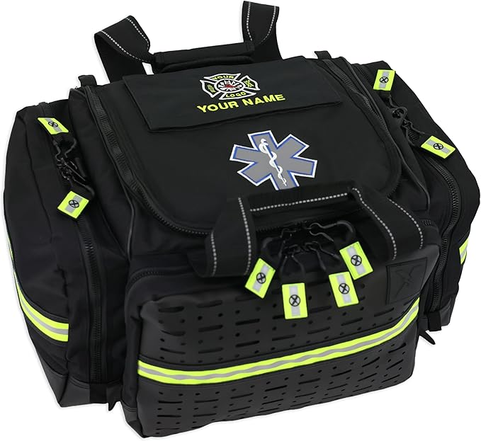 Lightning X Personalized EMT Trauma Bag – Large ALS Medical Bag with 6 Color-Coded Pouches MOLLE Panel Waterproof Bottom Reflective EMS Gear Custom Embroidered Name or Logo | LXMB35