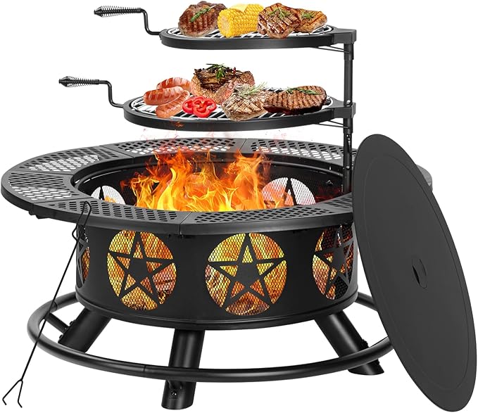 42 Inch Fire Pit with 2 Grills Extra Large Wood Burning Fire Pits for Outside with Lid &amp Poker Heavy Duty FirepitBBQ&amp Outdoor Fire Pit &amp Round Metal Table 3 in 1 for Patio Picnic Part