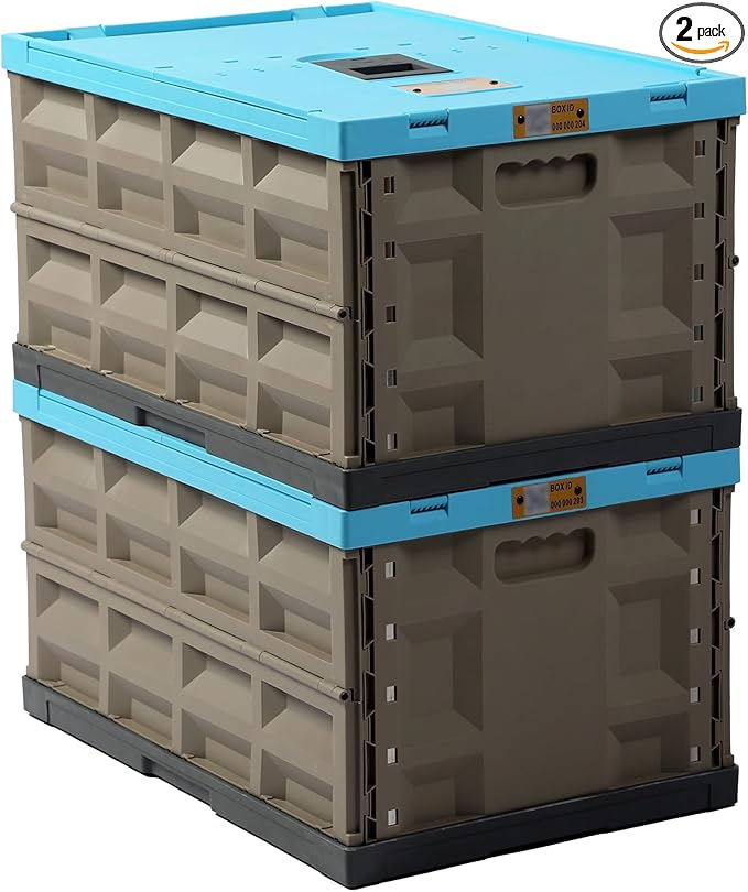 2 Pack Heavy Duty Storage Bins with Lids 12 Gallon Collapsible Plastic Containers 400 LBS Stacking Strength Foldable Locking Box for Garage Camping Truck Bed (Blue - 45L - Pack of 2)