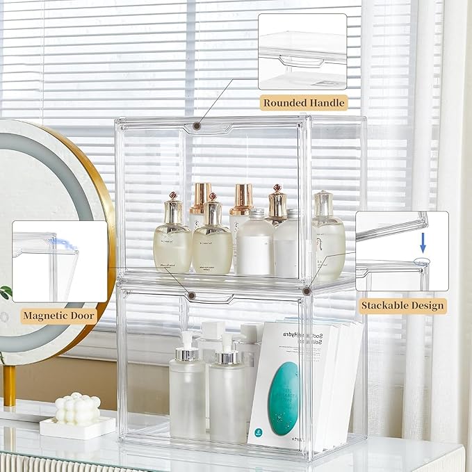 ZLLZUU Clear Storage Bins with Lids 5 Pack Acrylic Display Case with Magnetic Door for Cosmetic Collectibles Large Figures Models Stackable Acrylic Storage Box for Home Office Living Room Dorm