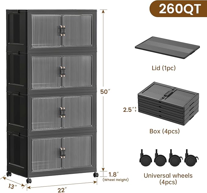 SAILUN 260Qt Stackable Storage Bins Folding Collapsible Storage Bins with Lid Closet Organizers and Storage Box with Door Black 22 W x 13 D x 50 H
