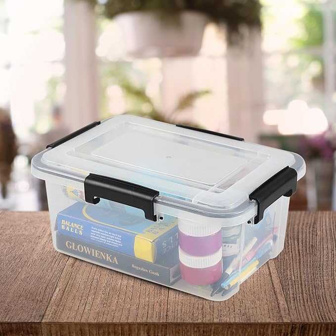 6 Pack 12 Quart Plastic Storage Bins with Gasket Seal Lids Clear Stackable Storage Container Box