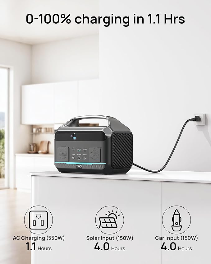 Daran 600W Solar Generator (Peak 1200W) with 100W Solar Panel576Wh Portable Power Station LiFePO4 Battery with DC/AC/USB-C PD Output1 Hr Fast Charge for Camping Home Outdoor RV and Emergency