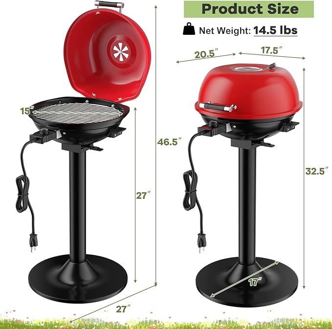 1600W Electric Grill Outdoor 15-Serving Freestanding Camping Grill w/Removable Non-Stick Grilling Rack Oil Drip Tray Temperature Adjustable Portable BBQ Grill for Patio Backyard (Red)