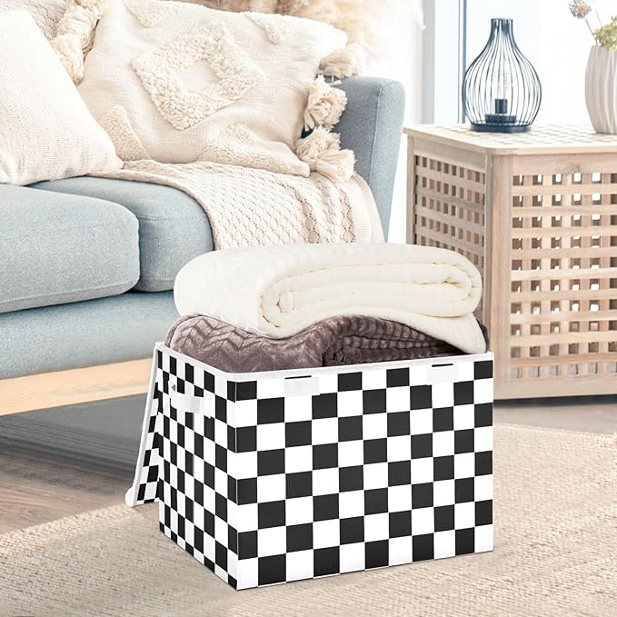 Collapsible Storage Bins with Lids Decorative Fabric Storage Cubes Closet Organizer and Storage Basket Boxes Containers for Clothes Box Chest Nursery Folding Rectangle Black White Checkered