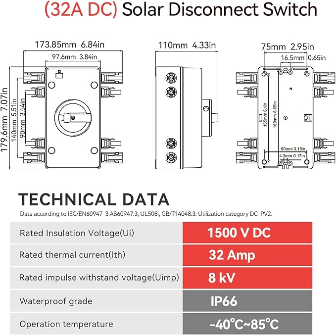 Solar Disconnect Switch 4-Pole DC1500 32A Isolator Solar Switch with Enclosure for Rooftop Solar Systems RVs and Boat Waterproof IP66 Red