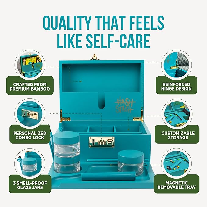 The OG Stash Storage Box - Large Bamboo Box with Combination Lock Magnetic Lid Organizer Tray 3 Jars Brush and Tube - Decorative Wooden Locked Storage Box with Accessories (Teal/Gold)