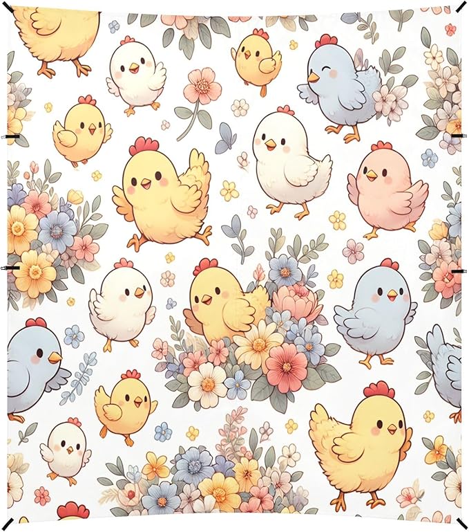 Cute Floral Cartoon Chickens Beach Tent Sun Shelter Set UPF50+ UV Protection 10.5 x 9.19 FT Camping Shade Canopy with Sandbags Sand Anchors Carrying Bag and Others
