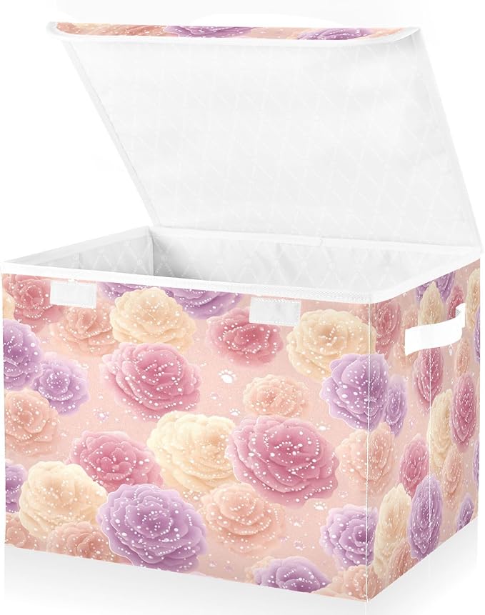 Storage Bins With Lid Stackable Fabric Closet Organizer Clothing Storage Large Boxes For Closet Shelves Bedroom Pink Roses Specks Dots Highlights