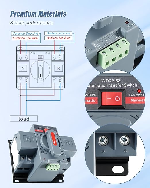 AC110V 6–63A Dual Power Transfer Switch 2Pole ATS Automatic/Manual Changeover Transfer Switch for Home Generator Solar Power System with Auto Selector Over/Under Voltage Protection 50/60Hz
