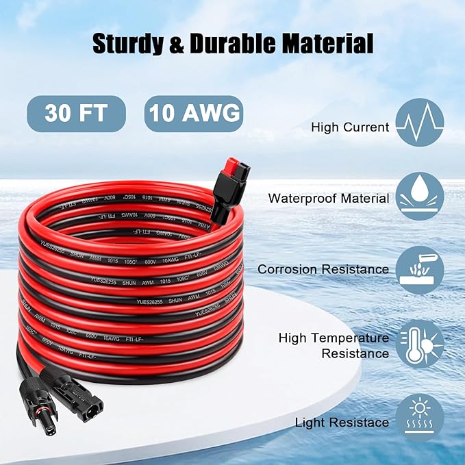 MOOKEERF 10AWG Solar Panel Cable to Anderson Connector - 30FT Solar Extension Cable with Anderson -Style Connector for Portable Power Station Solar Panel Solar Generator