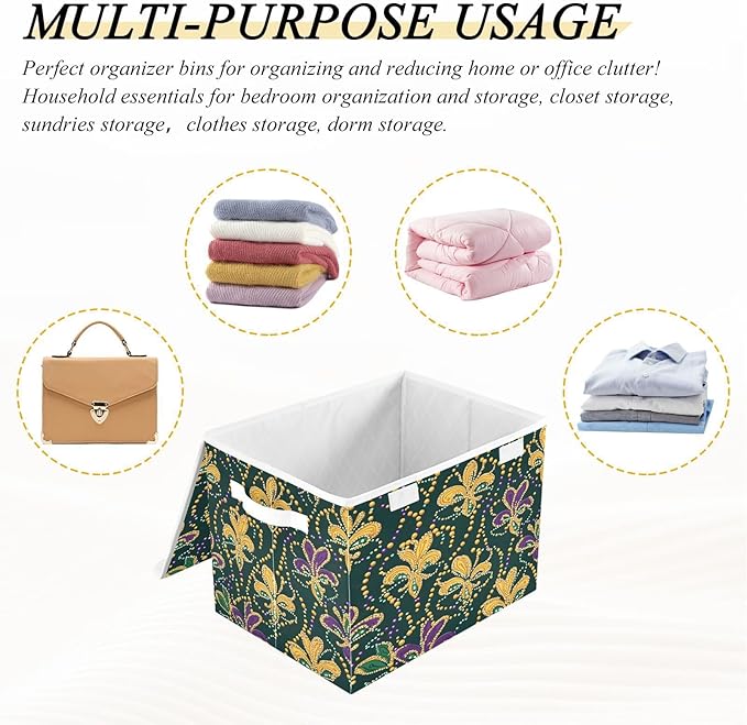 Christmas Storage Baskets with Lids Mardi Gras Themed Collapsible Bins Stackable Fabric Linen Baskets Closet Organizer Container 16.5x12.6x11.8