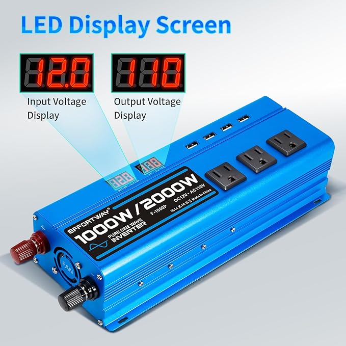 1000W Pure Sine Wave Inverter DC 12V to AC 110V/120V Converter 2000w (Peak) Car Power Converter with 3 AC Outlets 4USB PortPower Inverter for Car Truck Home Vehicles Laptop