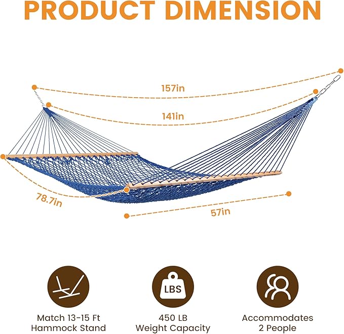 Lazy Daze Hammocks 12FT Double Rope Hammocks 2 Person Hand Woven Cotton Hammock with Spreader Bar for Outside Patio Poolside FIT 13-15 FT Stand Max 450 Lbs Blue 141 x 57 inches