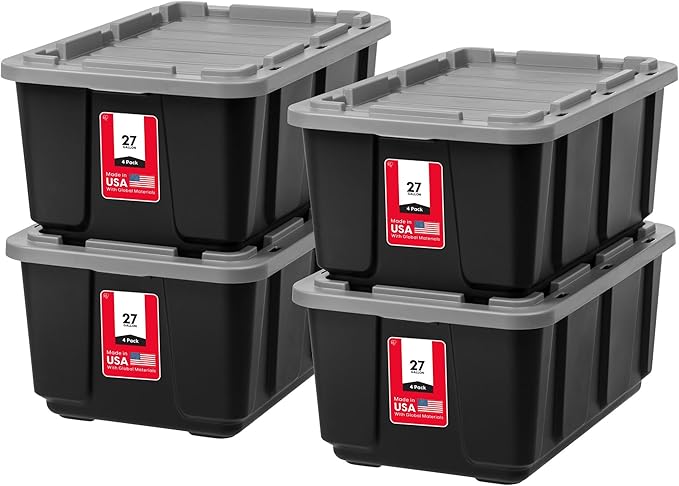 IRIS USA 4-Pack 27 Gallon Storage Bins with Lids |Made in USA| Heavy Duty Plastic Tote Containers for Truckbed Tool Box Organization Large - Gray