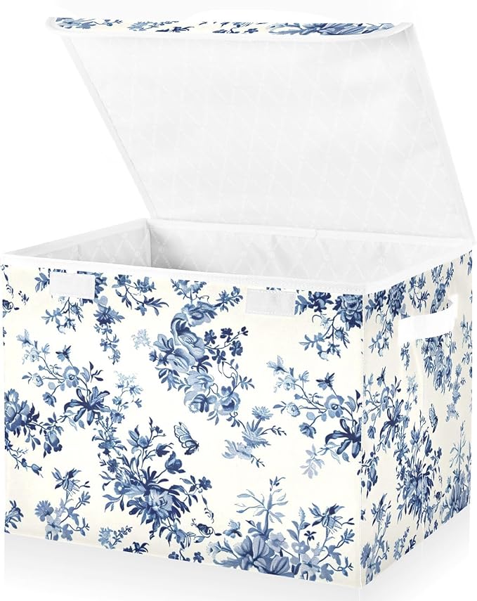 Texture Blue Flowers Large Storage Bins with Linen Foldable Storage Cubes Fabric Closet Organizer Containers box with Flip-Top Lid for Home Office Closet 16.5” x 12.6” x 11.8”