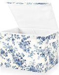 Texture Blue Flowers Large Storage Bins with Linen Foldable Storage Cubes Fabric Closet Organizer Containers box with Flip-Top Lid for Home Office Closet 16.5” x 12.6” x 11.8”